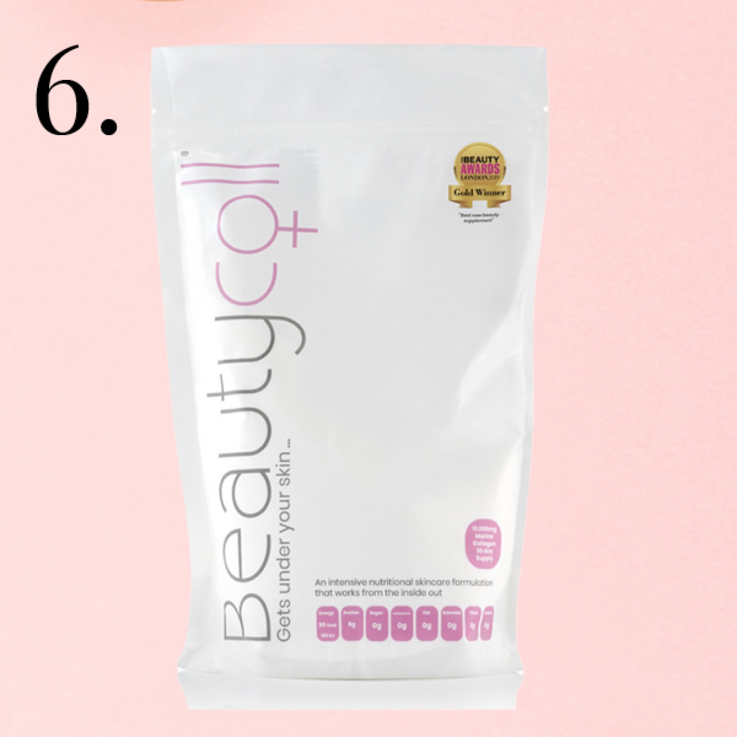 collagen supplement pouch on pink background