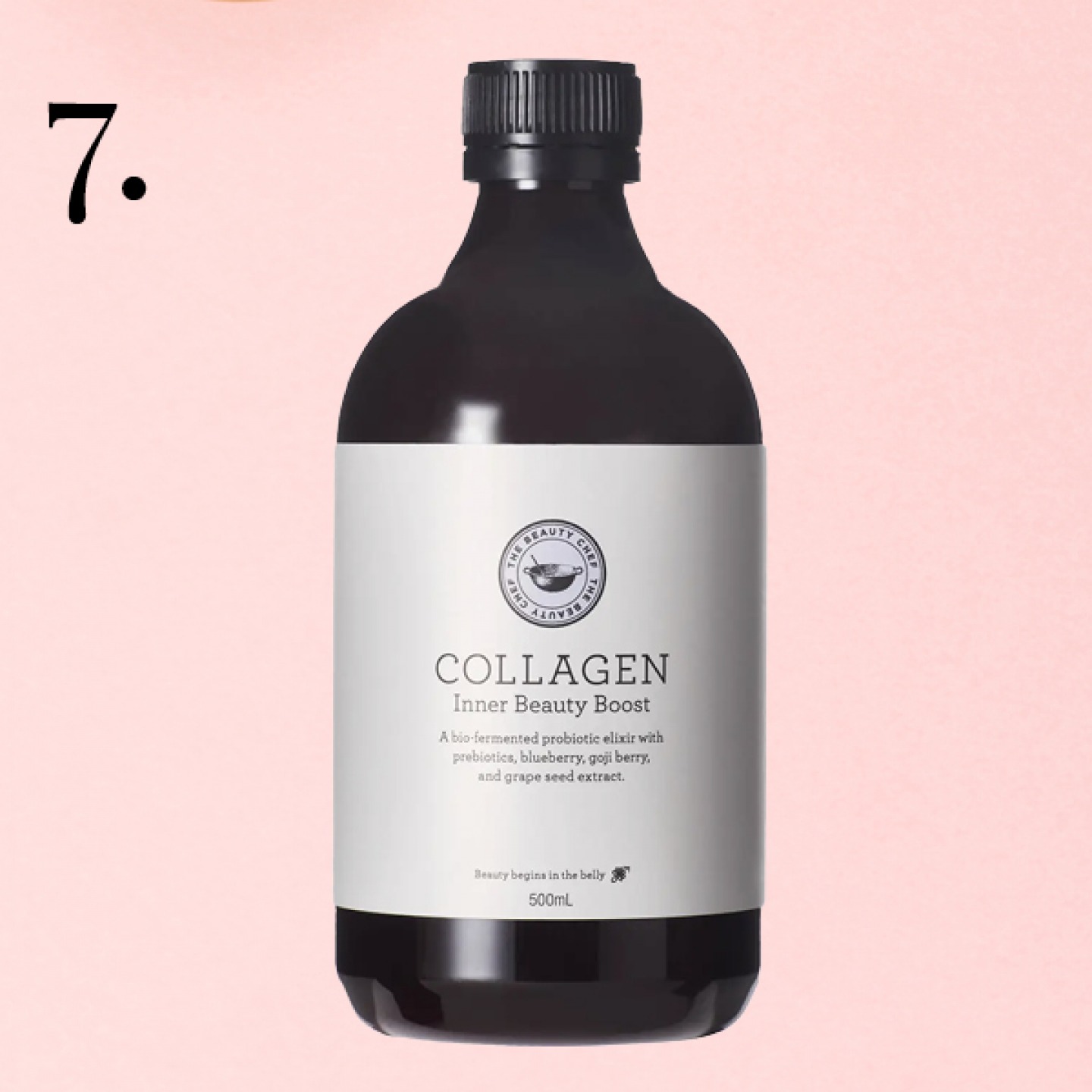 collagen supplement bottle on pink background