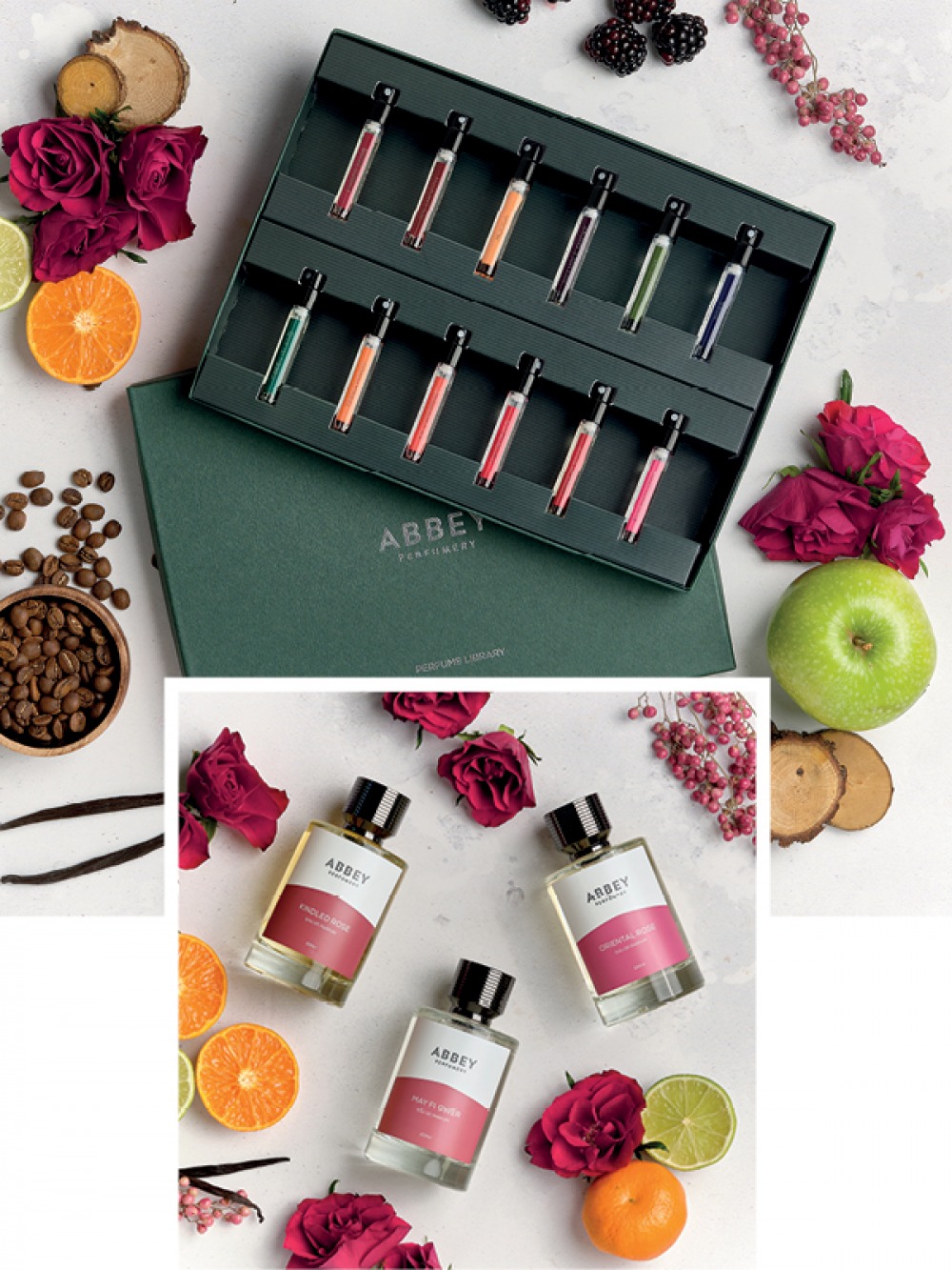 perfume bottles and sample set surrounded by fruit, flowers and spices