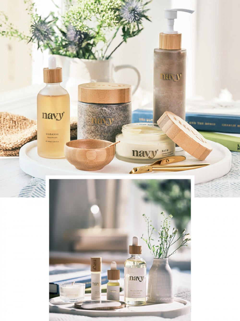 bottled beauty products set out on trays with vase of flowers
