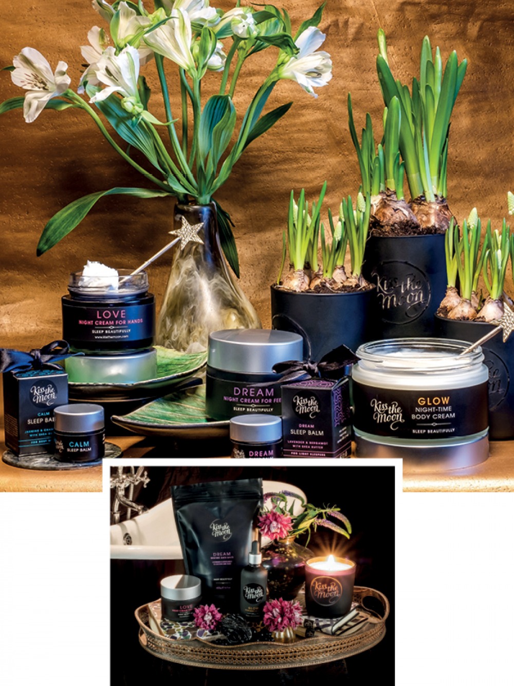 jars and bottles of beauty products surrounded by flowers