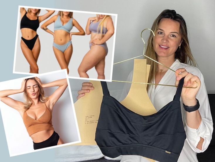 Emily holding up a bra and woman modelling other products