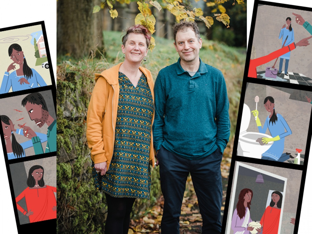 two people smiling for a photo with animation stills