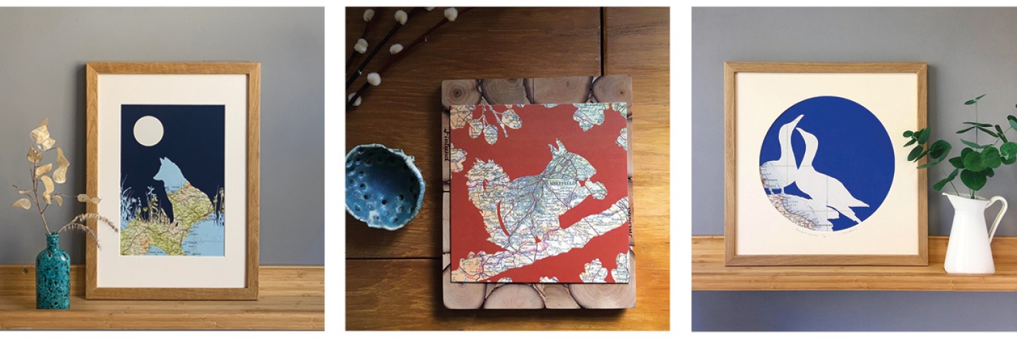 Left to right: Bespoke Fox A3 Print | Squirrel Card Square | Bempton Gannets Circular Print