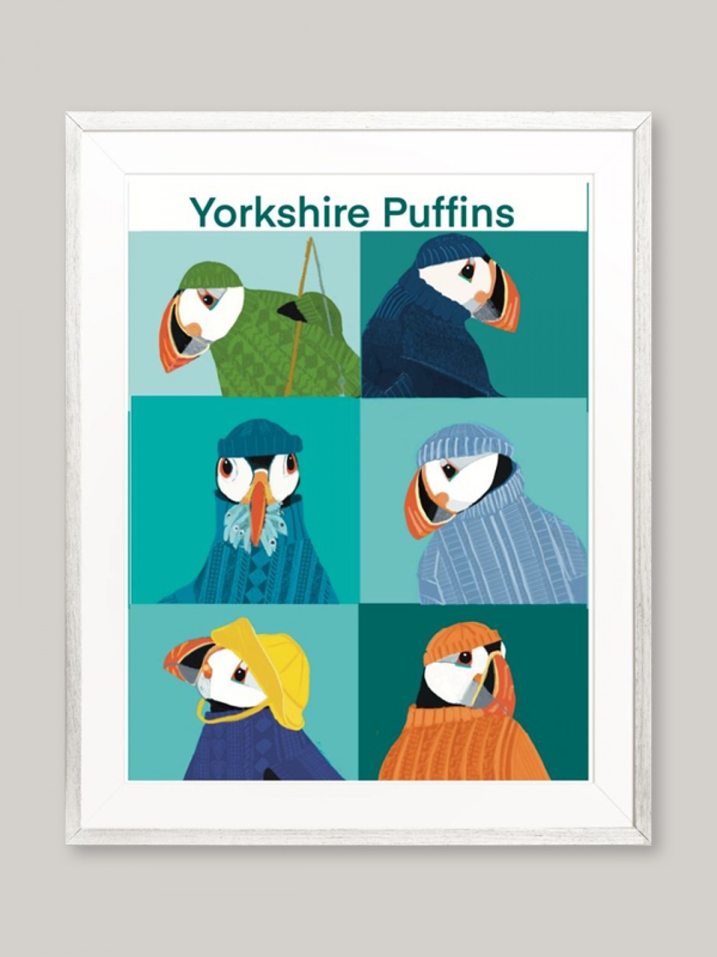 puffins wearing fisherman clothes
