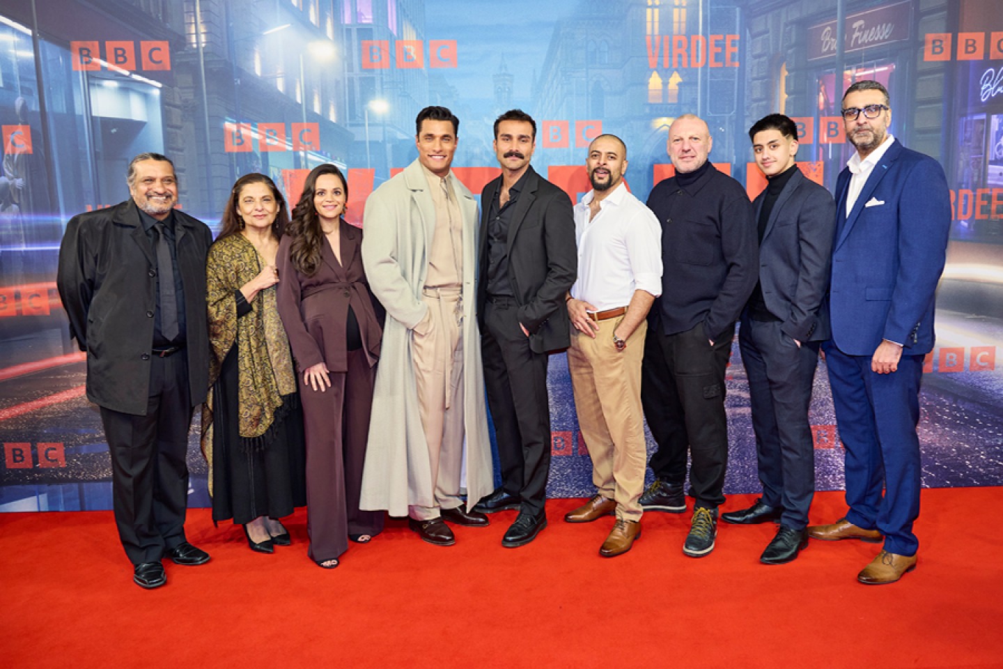 © BBC, AA Dhand (right) with the cast of Virdee on the red carpet at its premiere in Bradford