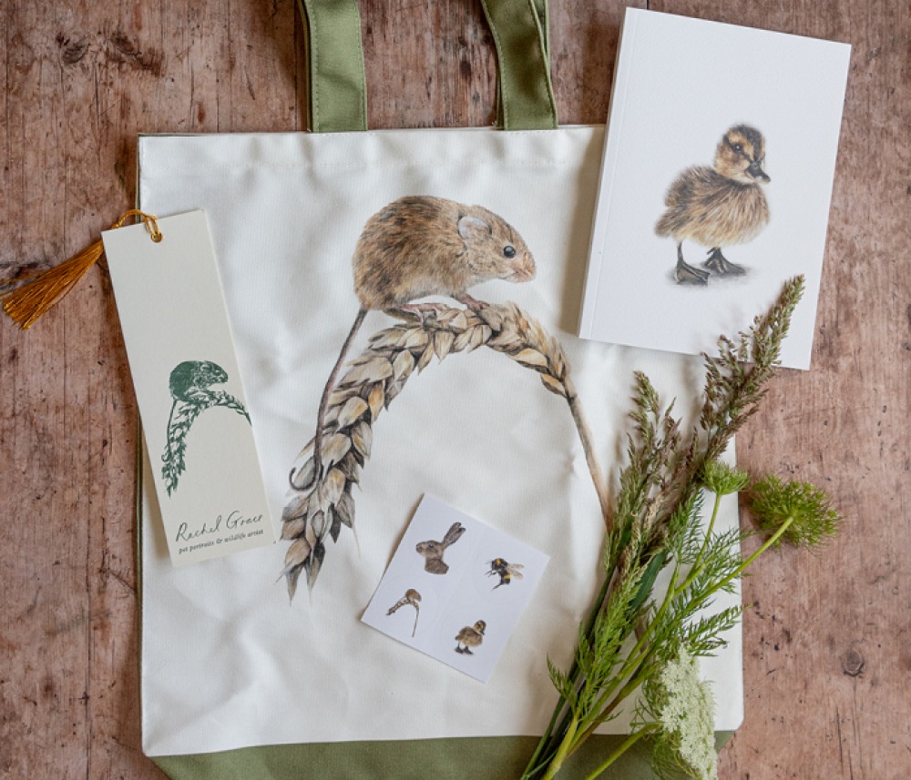 Tote bag, book mark and card with small animals drawings