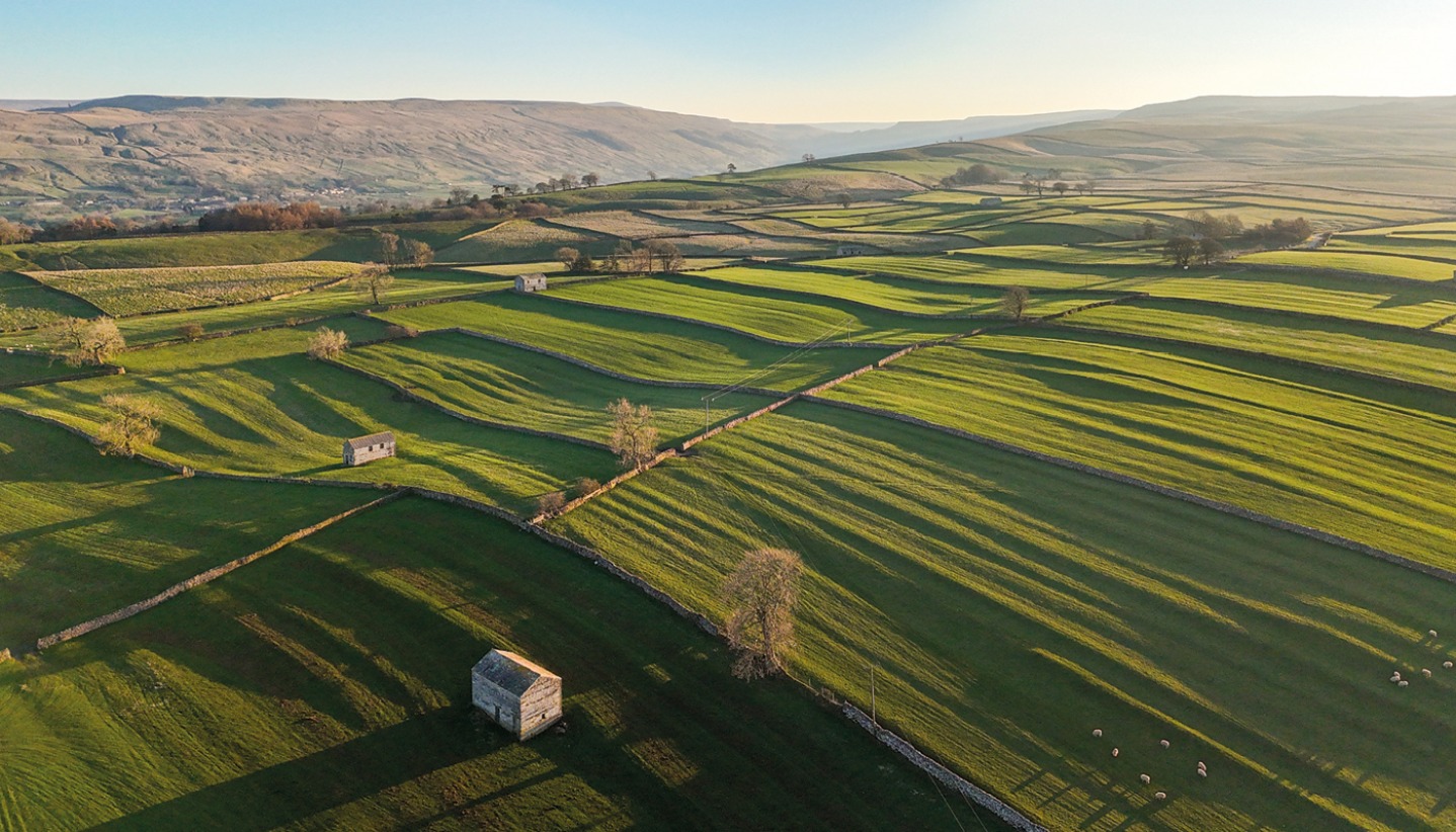 farmed green fields, stone walls and buildings