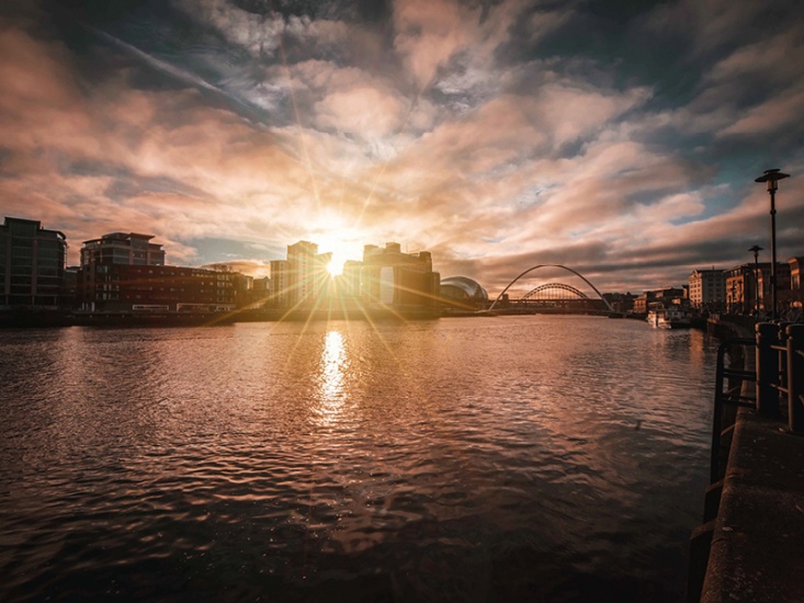 Newcastle Quayside, Sun shining through the buildings, The Sage and 3 Bridges