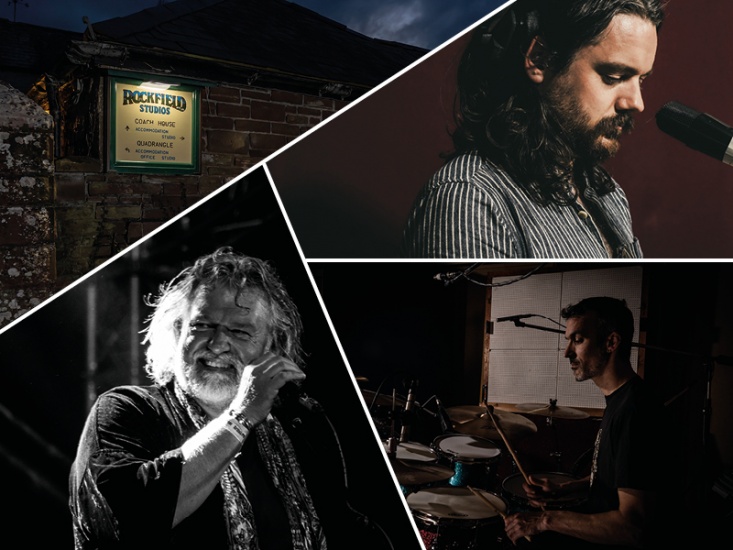 Collage of Si King and band members in front sign of Rockfield Studios