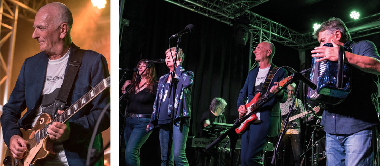 Trevor playing his guitar and with his band performing on stage