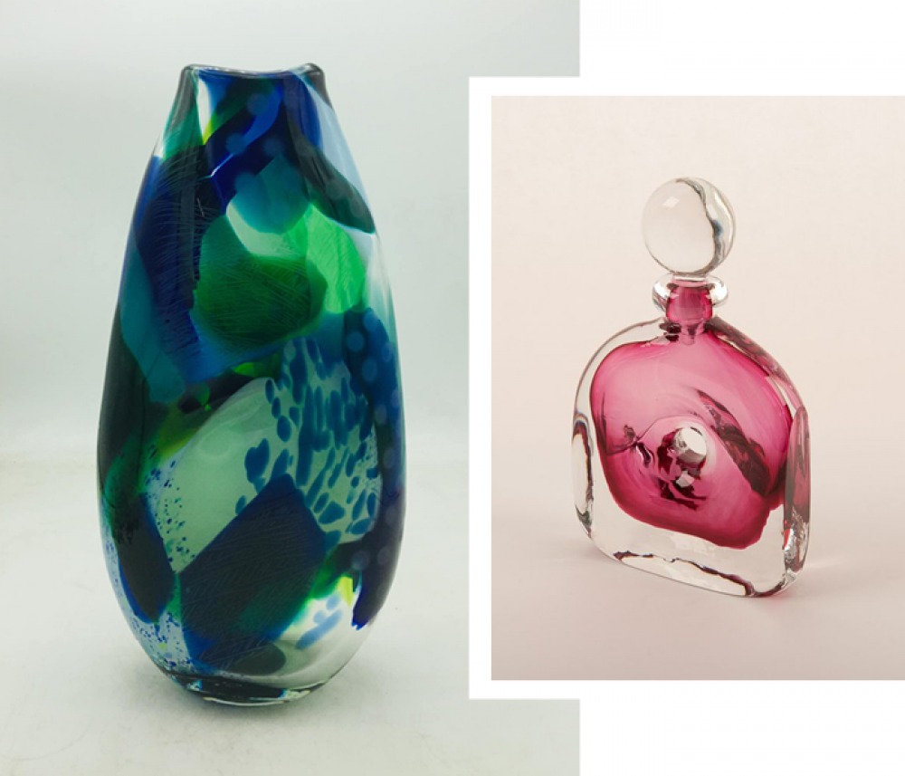 colourful glass vase and glass perfume bottle