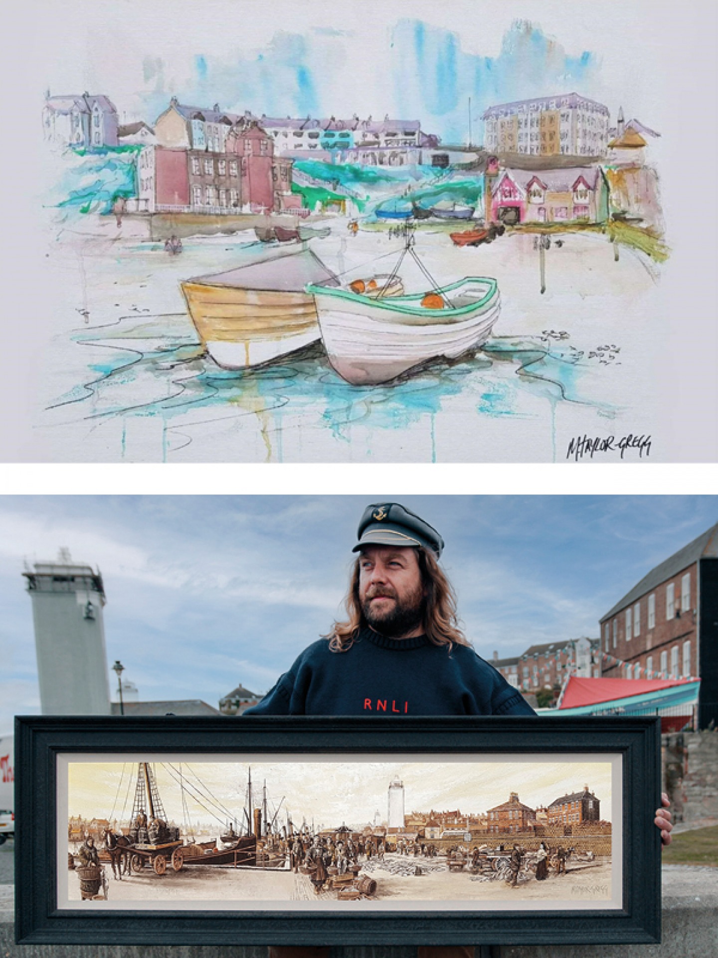 Painting of Cullercoats | Mark holding a painting of coast with ships and people working