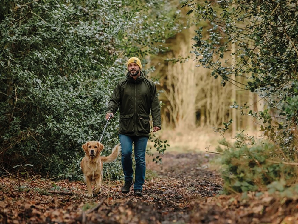 man walking a dog in the woods