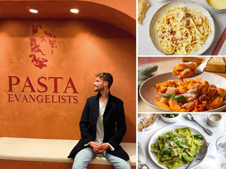 On the left is a man smiling at a brand logo on a wall and on the right is three food shots of bowls of pasta