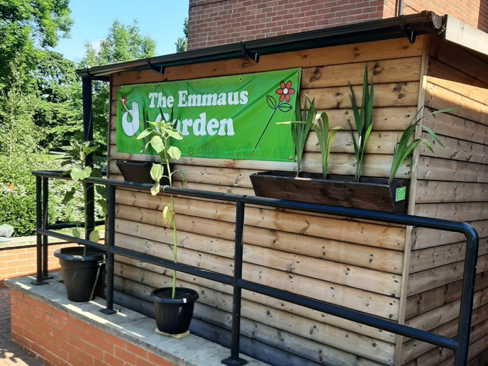 garden shed with a green banner and plants growing