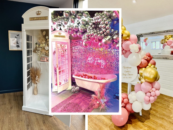 3 party set ups with balloons and neon lights