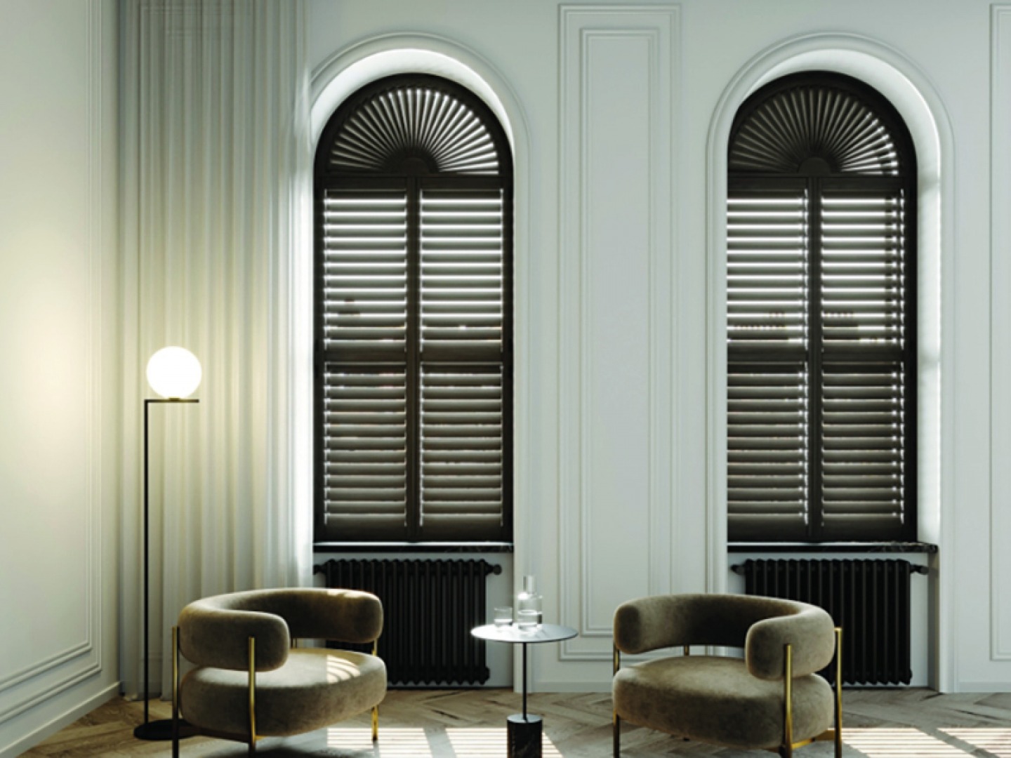 classic streamlined interior black shutters. Arched windows. green/grey walls