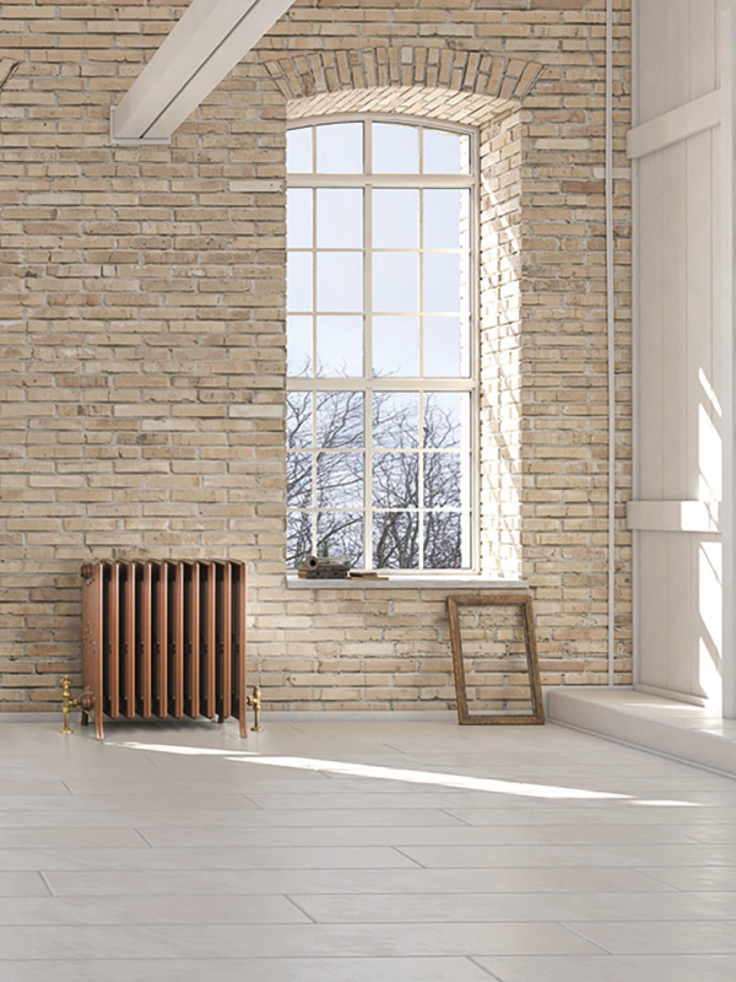 light stone exposed wall with copper and brass radiator