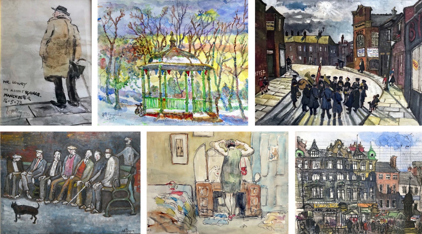 Clockwise from top left: 'Mr Lowry in Albert Square, Manchester' 1973 | ‘Saltwell Park Bandstand’ | ‘Street Meeting Gateshead’ 1969 | ‘Bigg Market, Newcastle-upon-Tyne’ 1974 | ‘Ann Getting Ready’ 1978 | ‘The Conversation’ 1969