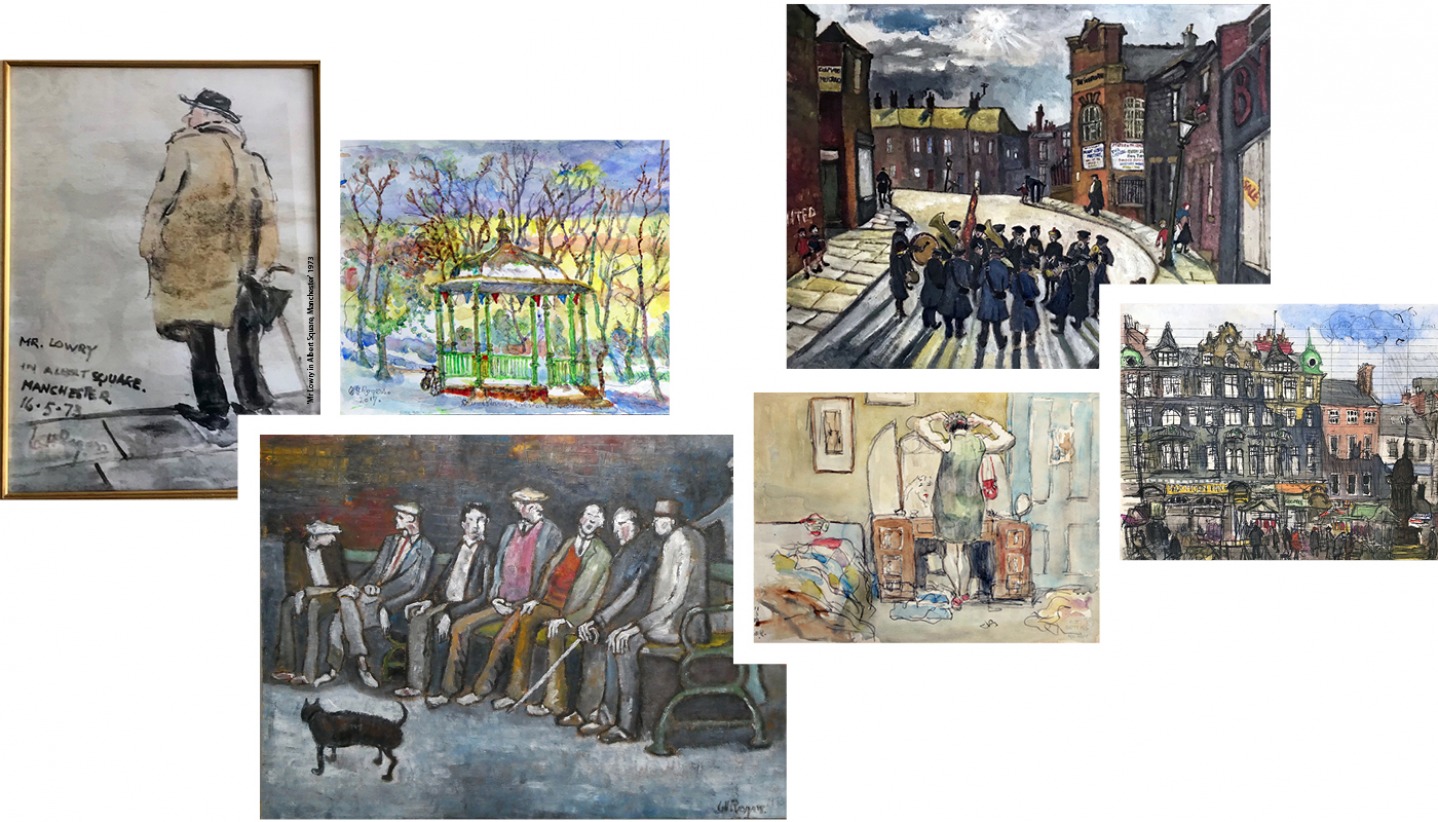 Clockwise from top left: 'Mr Lowry in Albert Square, Manchester' 1973 | ‘Saltwell Park Bandstand’ | ‘Street Meeting Gateshead’ 1969 | ‘Bigg Market, Newcastle-upon-Tyne’ 1974 | ‘Ann Getting Ready’ 1978 | ‘The Conversation’ 1969