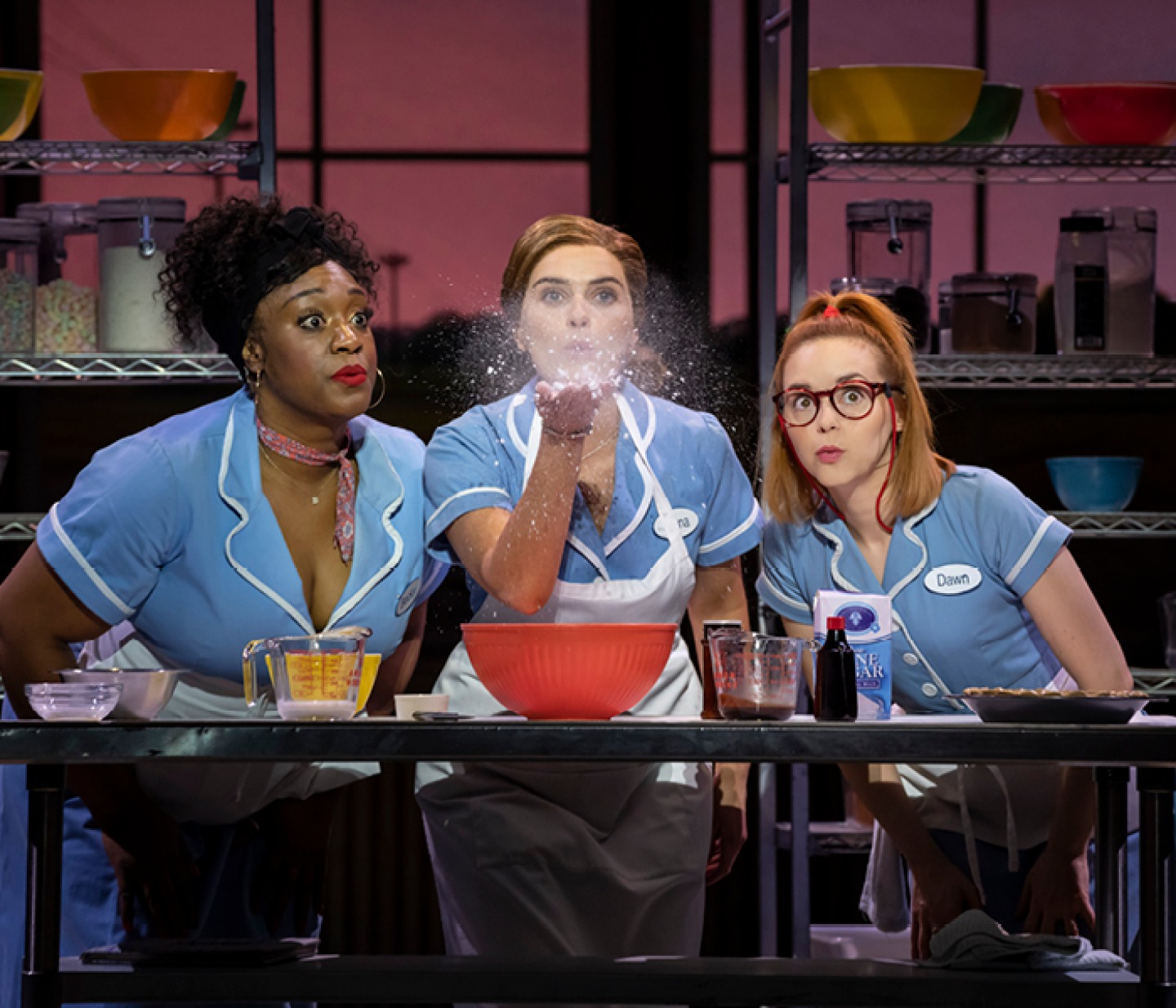 Sandra Marvin as Becky, Chelsea Halfpenny as Jenna and Evelyn Hoskins as Dawn. Johan Persson