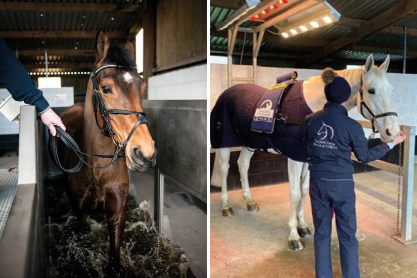 Woman cleaning out horse stables with jet wash machine
