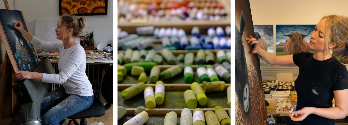 Lucy working / close up of pastel chalks