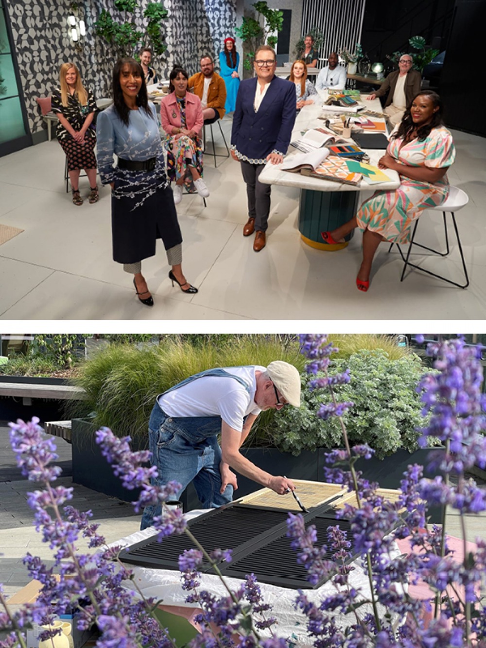 Top image, Alan Carr and the rest of the cast of Interior Design Masters. Bottom image of Peter Anderson in overalls painting a shutter