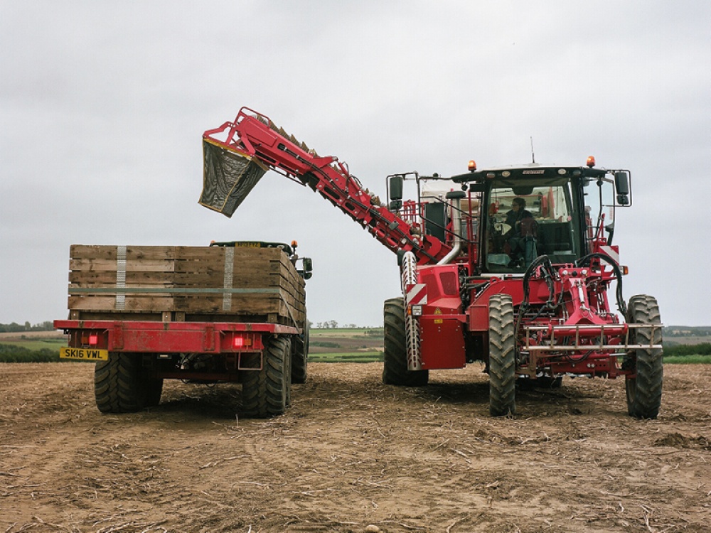 woman driving a red harvester