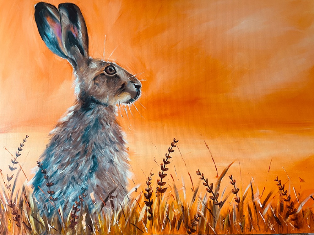 hare painting on orange background