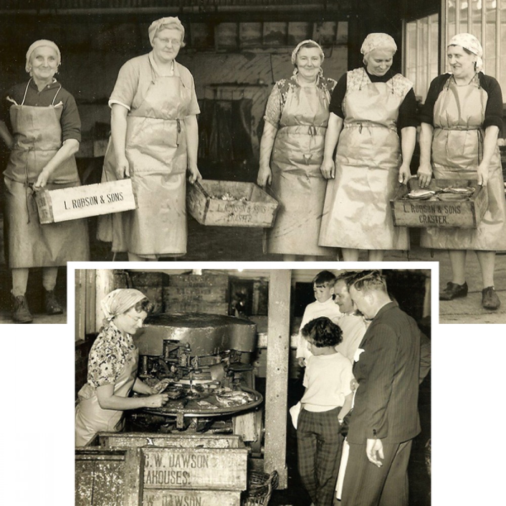 old photographs of women preparing fish