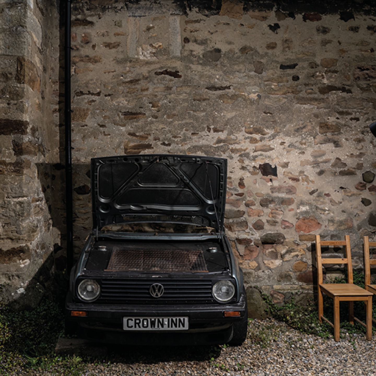 old VW car with a BBQ Grill under the bonnet and a Crown Inn number plate