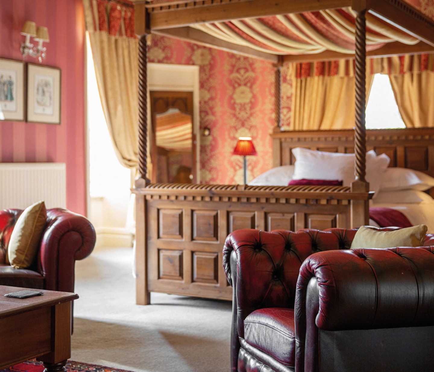 Bedroom with fourposter bed at Augill Castle, Cumbria