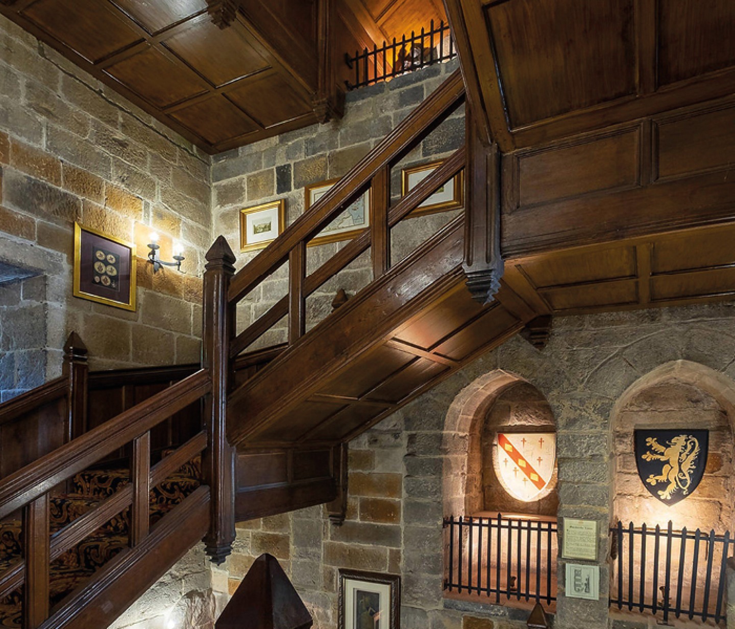 Internal wooden staircase at Langley Castle, Northumberland
