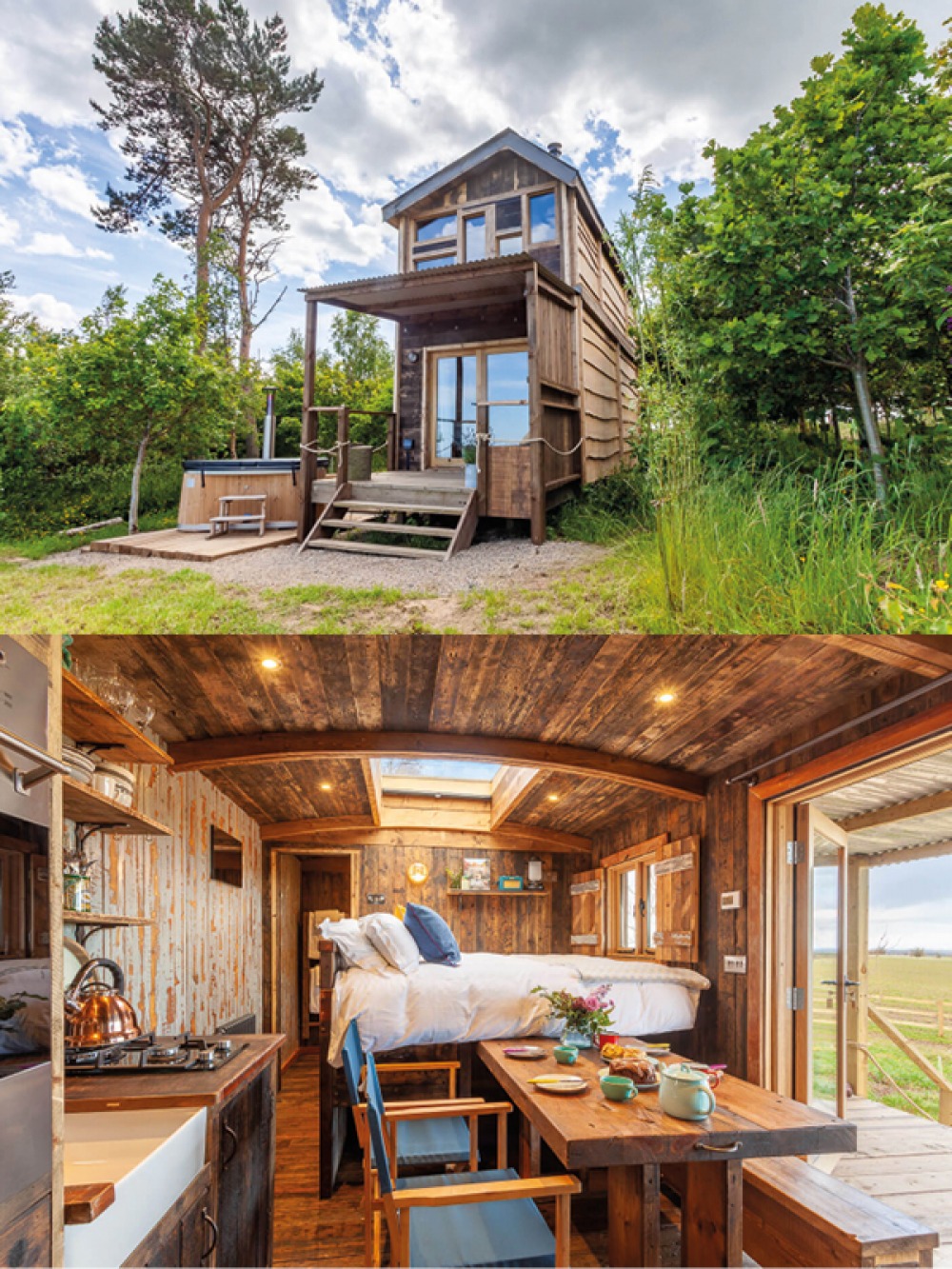 Internal and external shot of 2 storey wooden cabin with hot tub