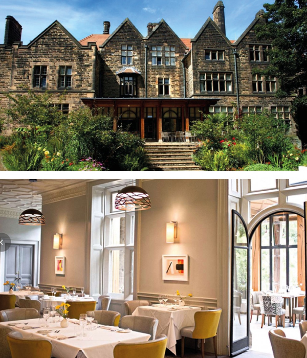 external shot and dining room at Jesmond Dene House