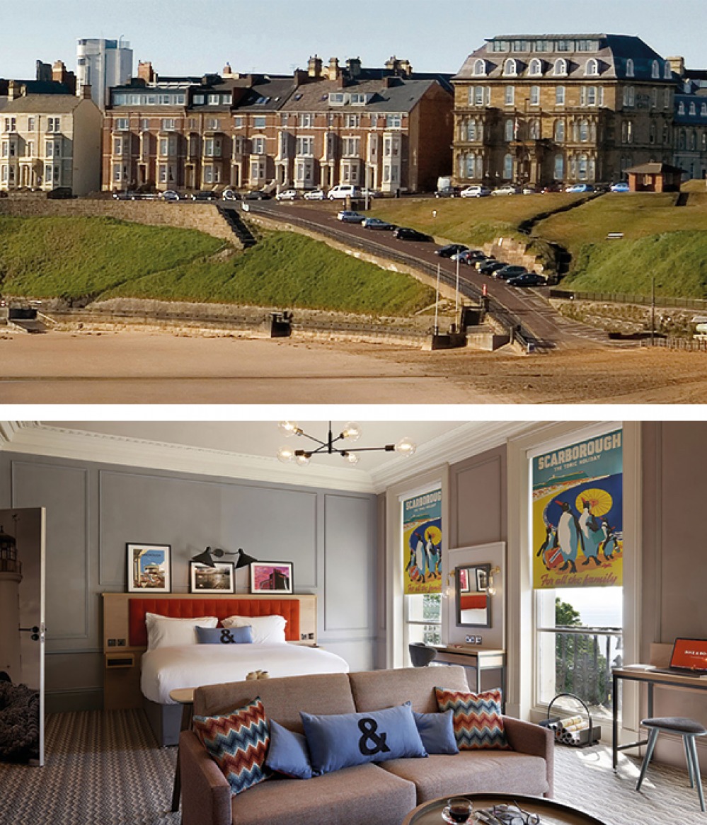 external shot of The Grand Hotel Tynemouth and guest room shot at Bike & Boot