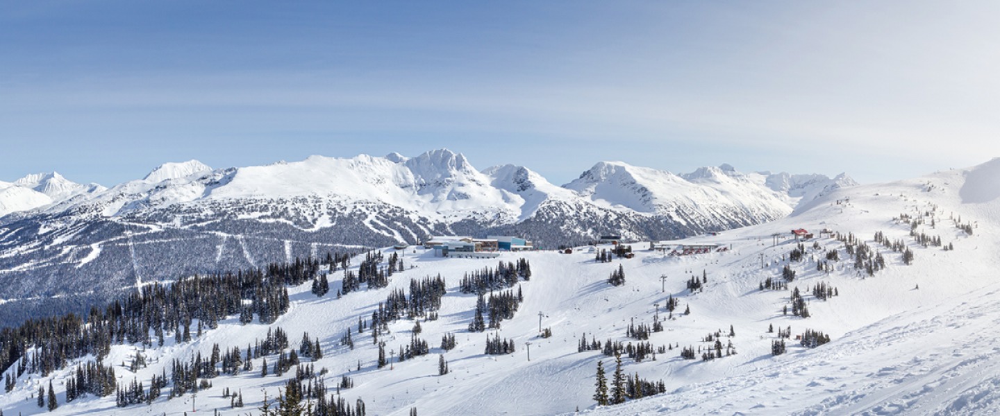 Snow capped mountains, Blackcomb and Whistler ski resort in British Columbia, Canada