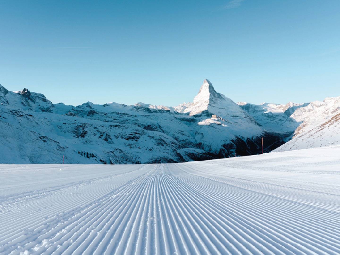 Groomed ski slope in Zermatt, with the Matterhorn in the background