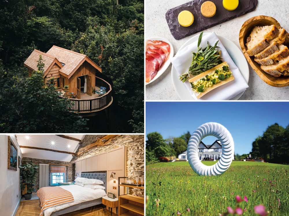 treehouse in the woods, bread and butter on a plate, outdoor hotel and white ring sculpture, rustic hotel bedroom