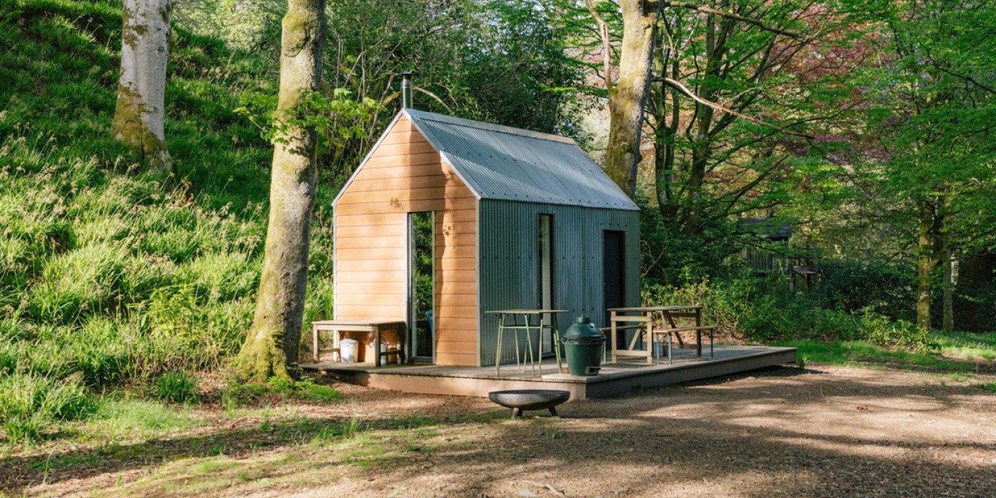 Small cabins with long picture windows in the woodland