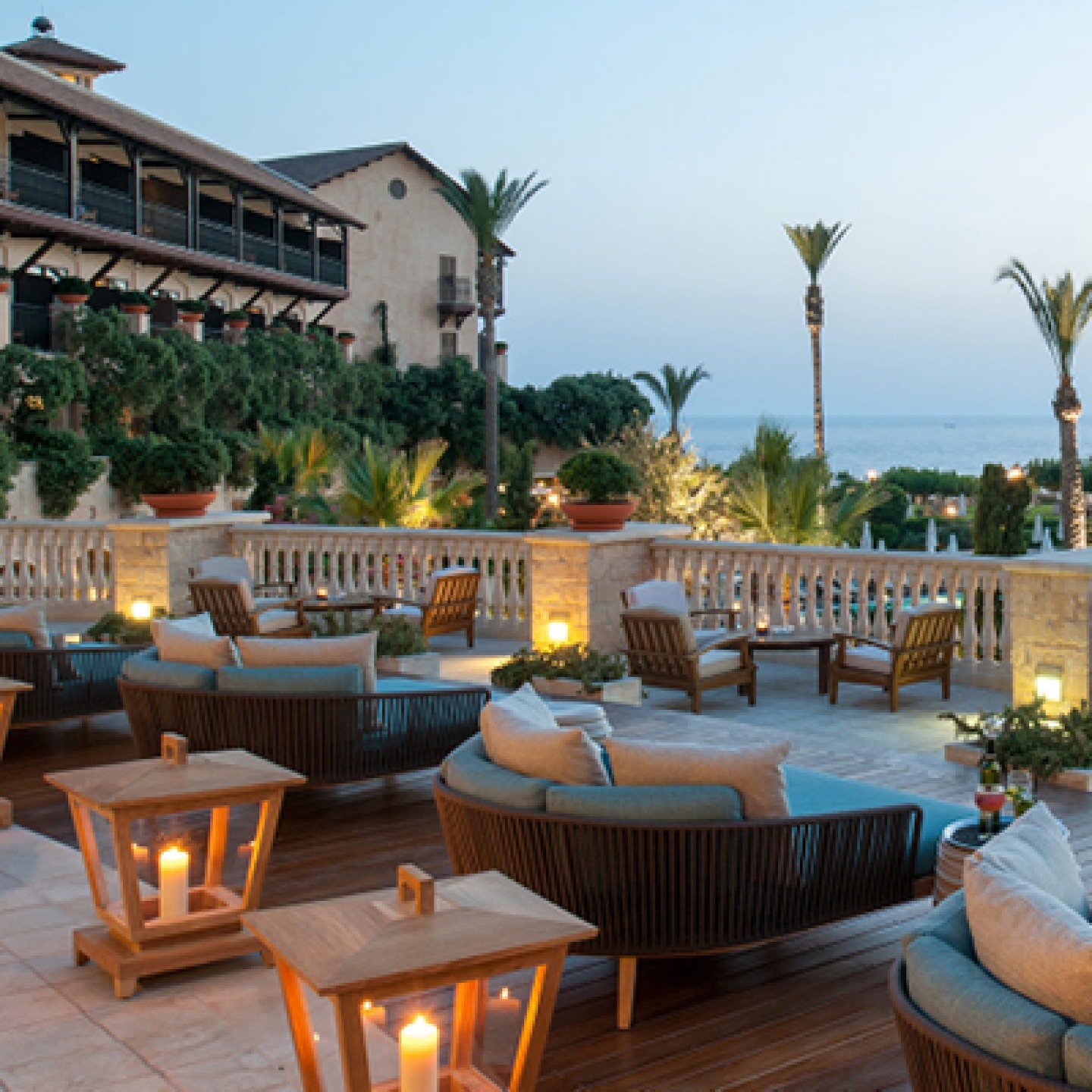 Elysium Hotel outdoor seating area over-looking sea