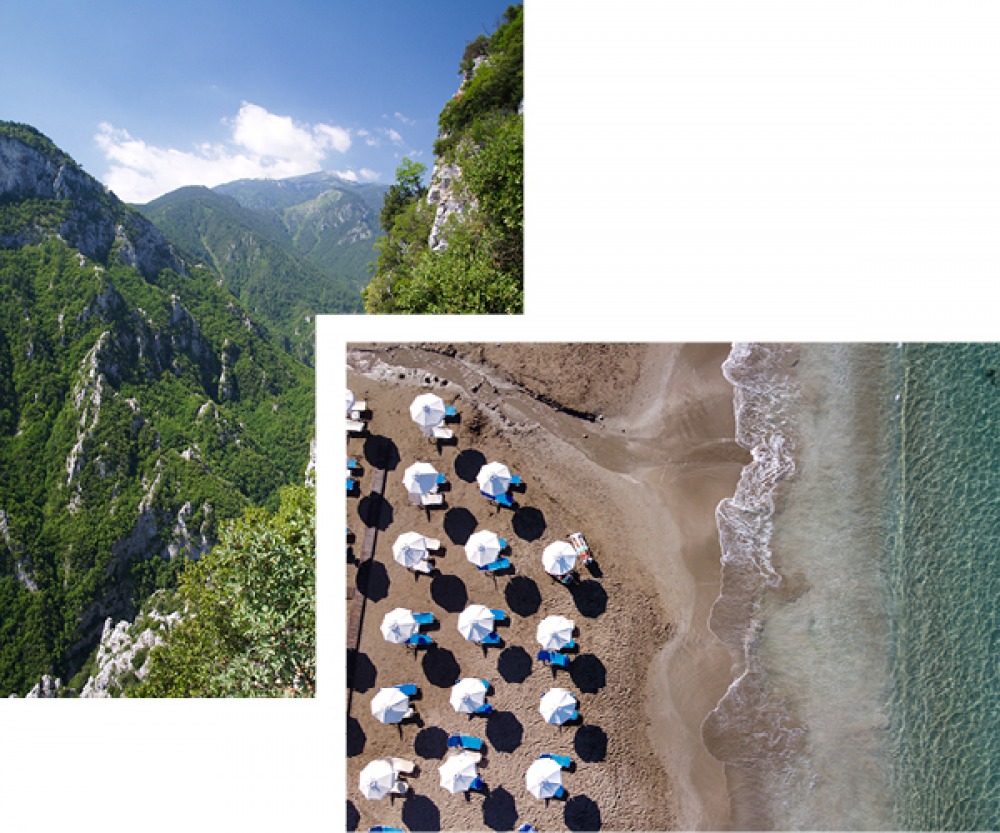 Mout Olympus and Ariel view of beach and sea with sunbeams and umbrellas