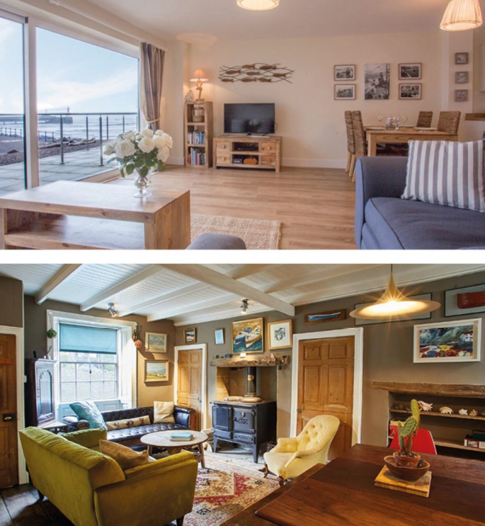 interior shots of the seating areas in rental housing one overlooking the sea