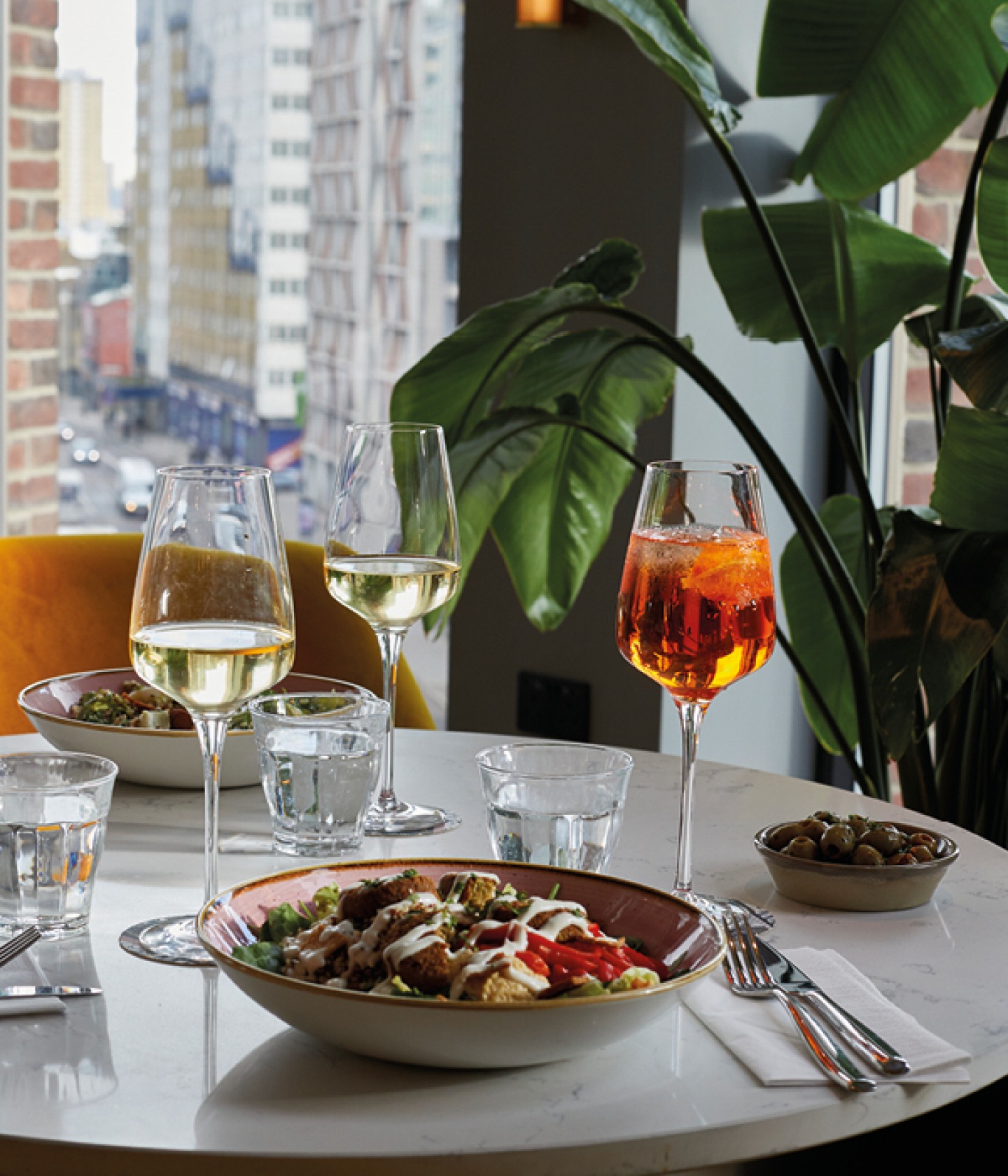 salad and drinks