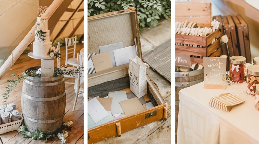 cake on a barrel, leather case for gifts, sweet and flip flop table