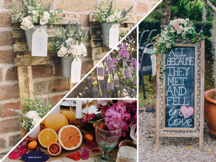 Collage of wedding decorations: Chalk board, flowers in pots, glass bottles, fruit centre pieces