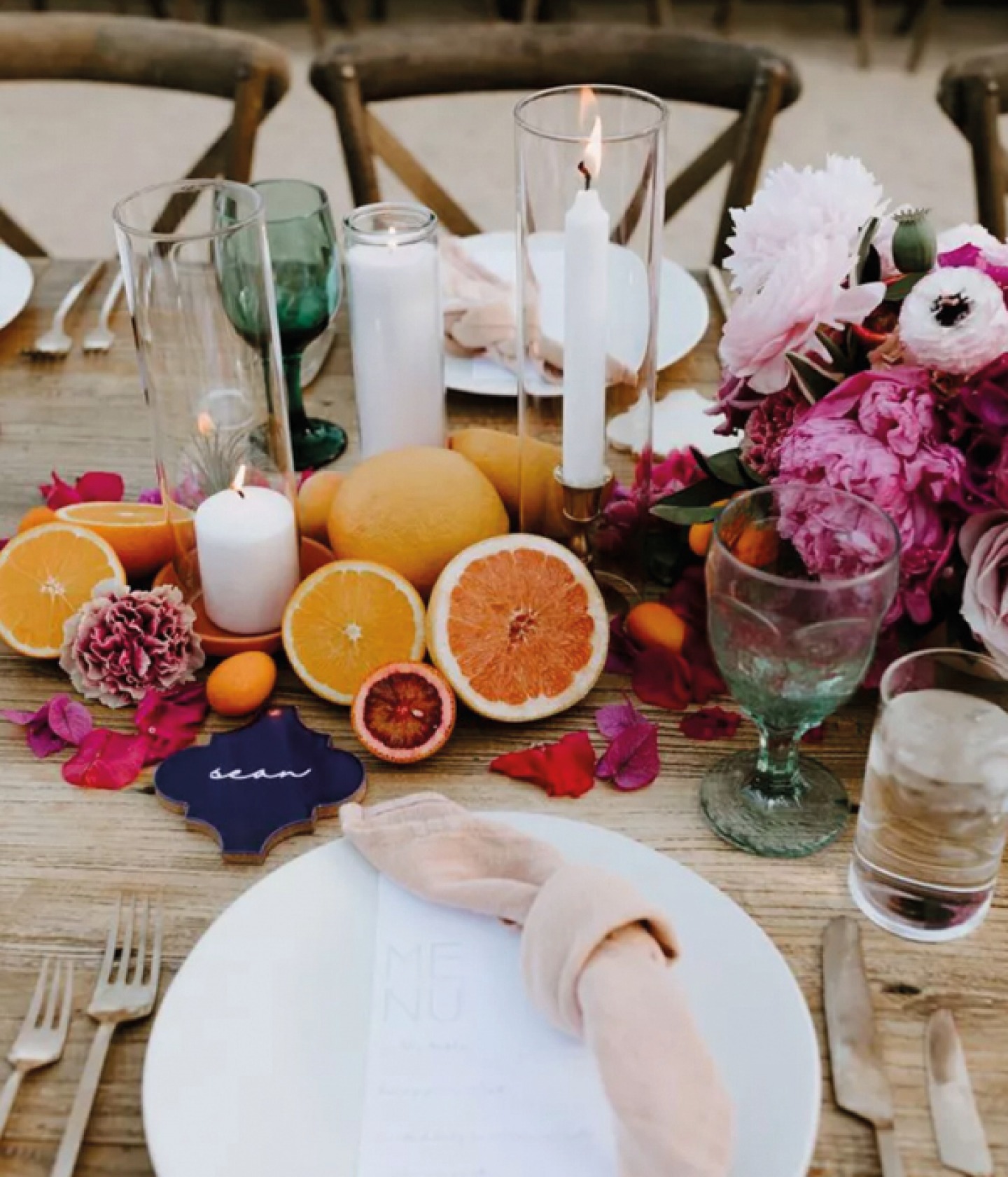 floral, fruit and candle centre piece