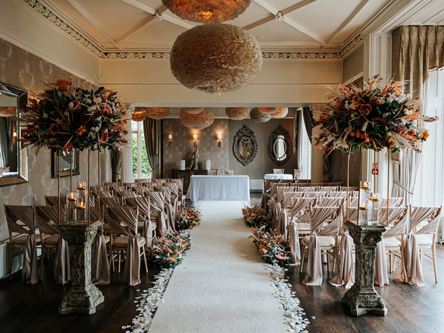 Room set for Wedding Service with dusky pinks and champagne colours